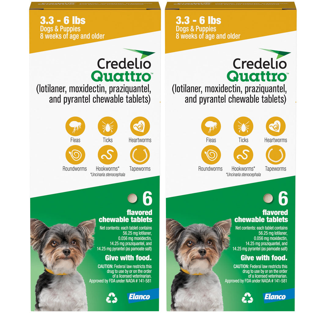 Credelio Quattro Flavored Chewable Tablets for Dogs & Puppies 3.3 to 6 lbs, 12 tablets