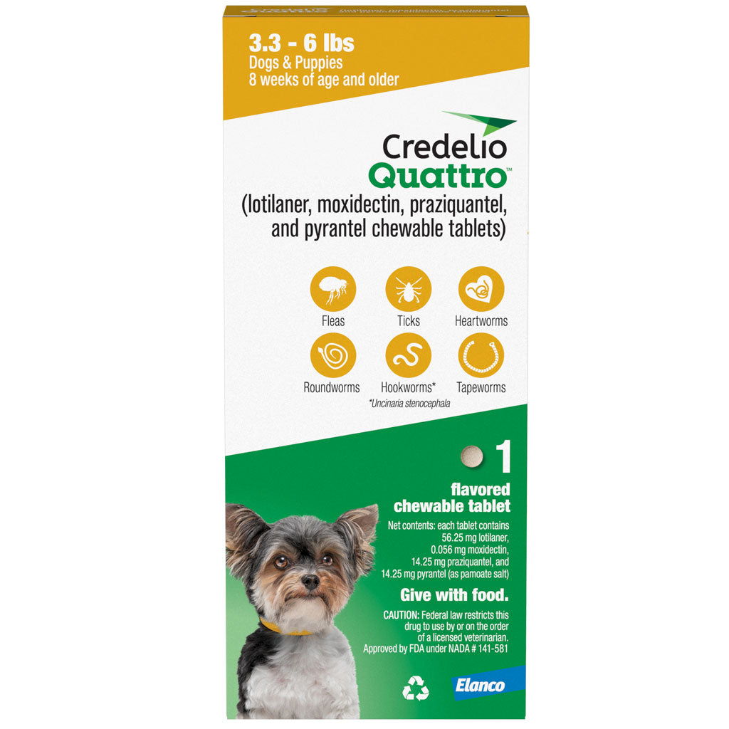 Credelio Quattro Flavored Chewable Tablets for Dogs & Puppies 3.3 to 6 lbs, 1 tablet