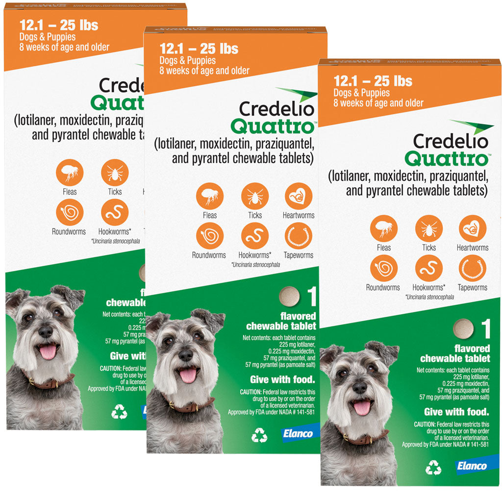 Credelio Quattro Flavored Chewable Tablets for Dogs, 12.1 to 25 lbs, 3 tablets