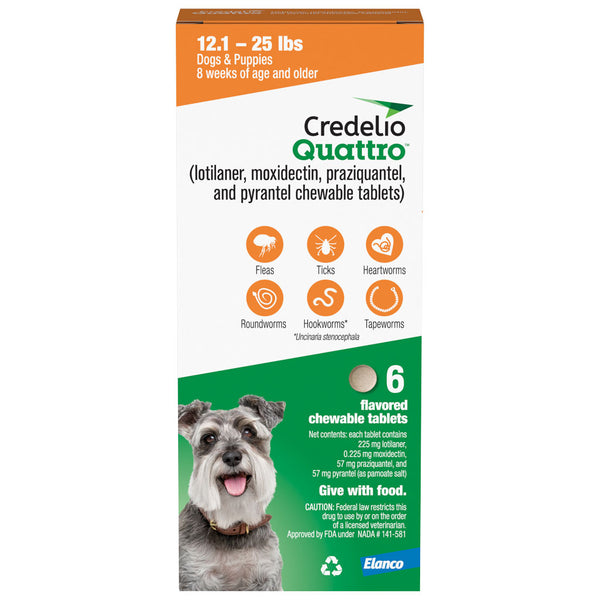 Credelio Quattro Flavored Chewable Tablets for Dogs, 12.1 to 25 lbs, 6 tablets