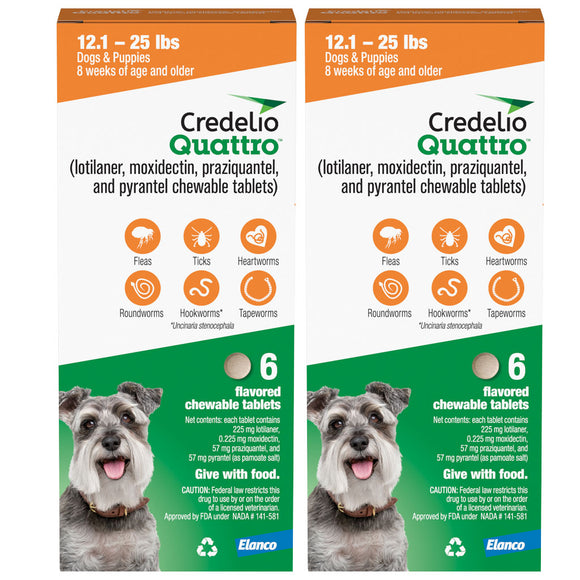 Credelio Quattro Flavored Chewable Tablets for Dogs, 12.1 to 25 lbs, 12 tablets