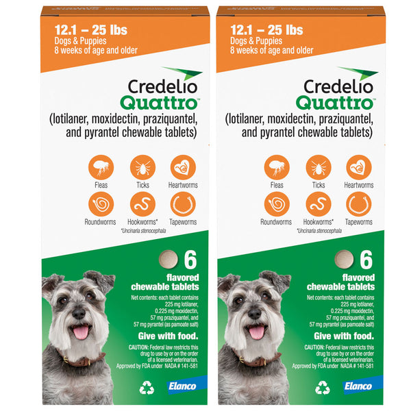 Credelio Quattro Flavored Chewable Tablets for Dogs, 12.1 to 25 lbs, 12 tablets