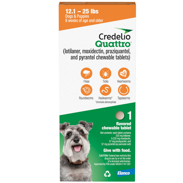 Credelio Quattro Flavored Chewable Tablets for Dogs, 12.1 to 25 lbs, 1 tablet