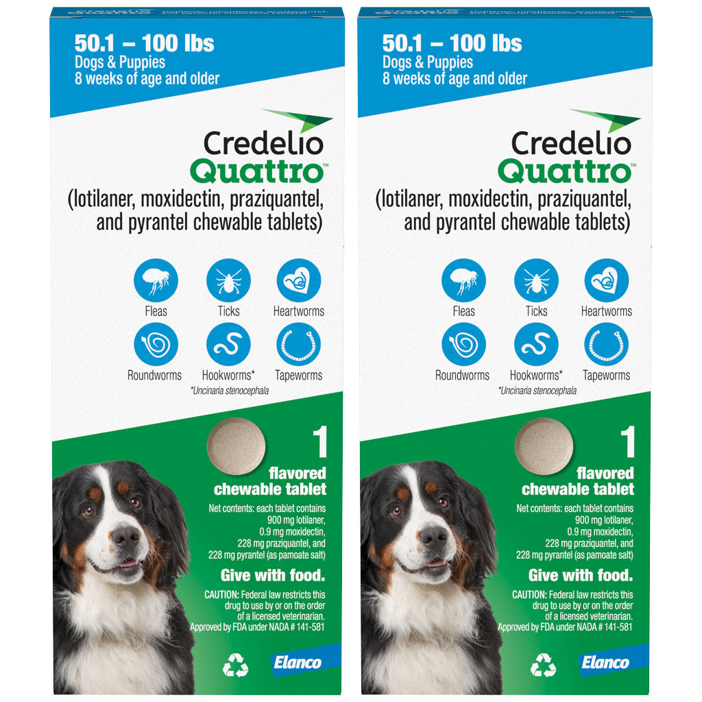 Credelio Quattro Flavored Chewable Tablets for Dogs 50.1 to 100 lbs, 2 tablets