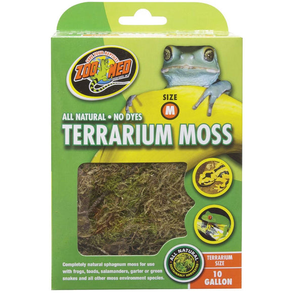Zoo Med Terrarium Moss packaging with frog illustration on a white background