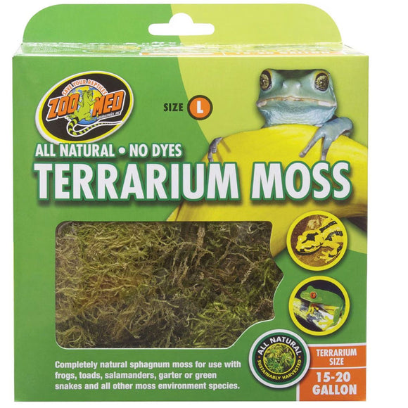 Zoo Med Terrarium Moss packaging with a frog illustration on a green background