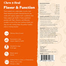 Back of a dog treat package with text and graphics on an orange and beige background