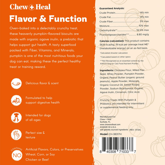 Back of a dog treat package with text and graphics on an orange and beige background
