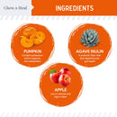 Ingredients of a product with images and descriptions on an orange and white background.