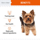Dog standing next to benefits text on a white background with 'Chew & Heal' branding.