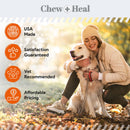 Woman hugging a dog with 'Chew + Heal' branding and product features listed.