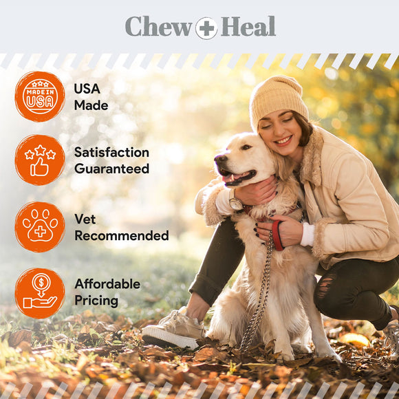 Woman hugging a dog with 'Chew + Heal' branding and product features listed.