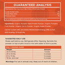 Product label with guaranteed analysis, ingredients, suggested daily use, and daily feeding guide on an orange background.