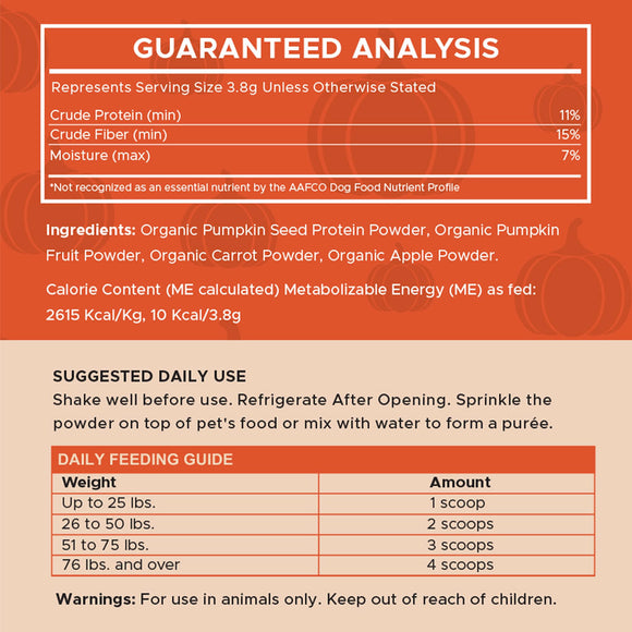 Product label with guaranteed analysis, ingredients, suggested daily use, and daily feeding guide on an orange background.
