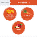 Ingredients list with pumpkin, carrot, and apple illustrations and descriptions on a white background.