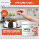 Dog food bowl with pumpkin powder, scoop, and container labeled 'Chew + Heal Organic Pumpkin Digestive Defense' in a kitchen setting.