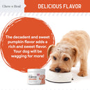 Dog eating from a bowl with pumpkin-flavored pet food product, featuring text about the flavor.