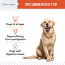 Dog sitting on a white background with text indicating the product is recommended for dogs of all ages, those suffering from constipation, and those with digestion issues. The brand 'Chew + Heal' is visible.