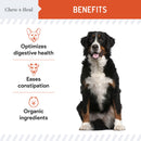 Dog sitting next to benefits text for a pet product on a white background