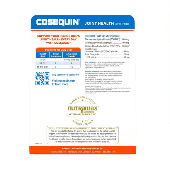 Nutramax Cosequin Senior Joint Health Supplement for Senior Dogs 60ct backside
