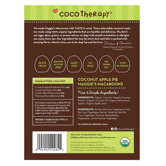 Back of a CocoTherapy dog treat package with text and branding.
