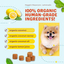 Dog food product with organic ingredients and a smiling dog on a yellow background