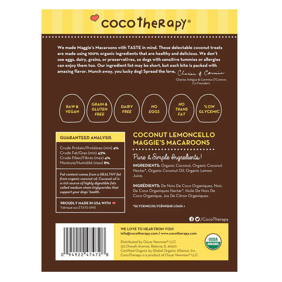 Back of a CocoTherapy coconut lemoncello dog treat package with text and branding.