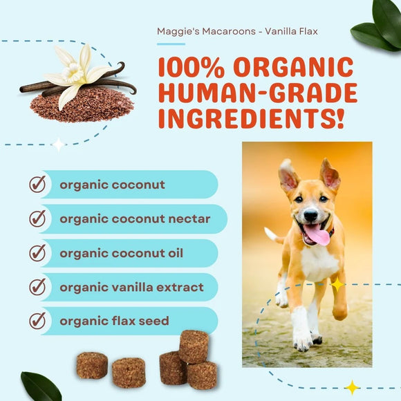 Maggie's Macaroons Vanilla Flax dog treat packaging with ingredients listed and a dog running.