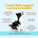 Dog sitting on a light blue background with health benefits listed for a treat brand.