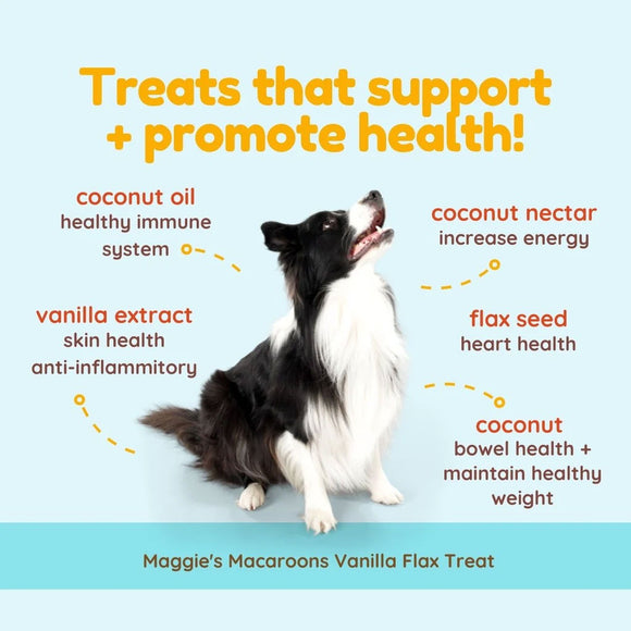 Dog sitting on a light blue background with health benefits listed for a treat brand.