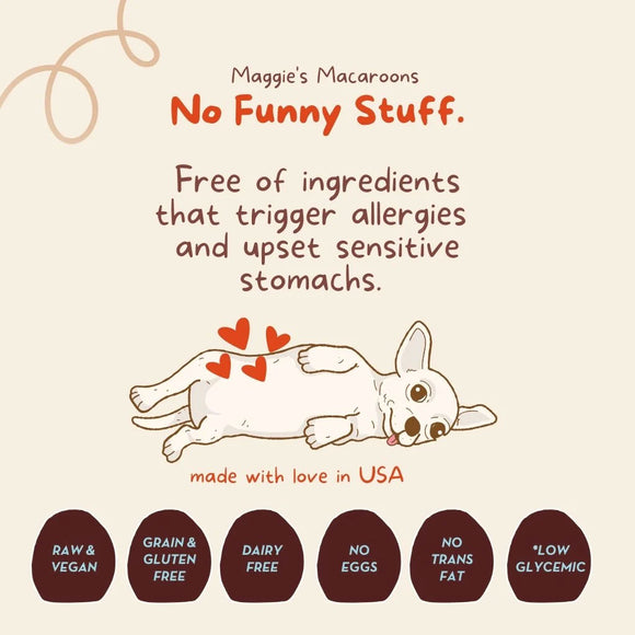 Advertisement for Maggie's Macaroons with a dog illustration and allergy-free information.