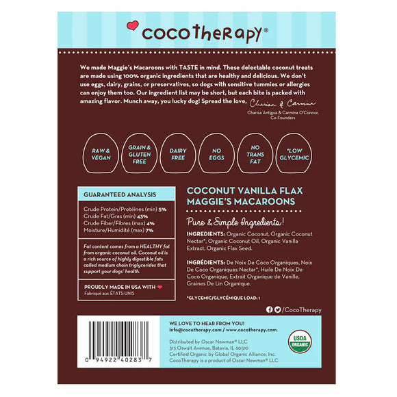 Back of a product packaging for CocoTherapy Maggie's Macaroons with text and labels.