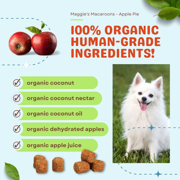 Product advertisement for dog treats with organic ingredients and a smiling dog on a grassy background.