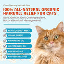 Advertisement for CocoTherapy Hairball Plus with a cat and product features listed.
