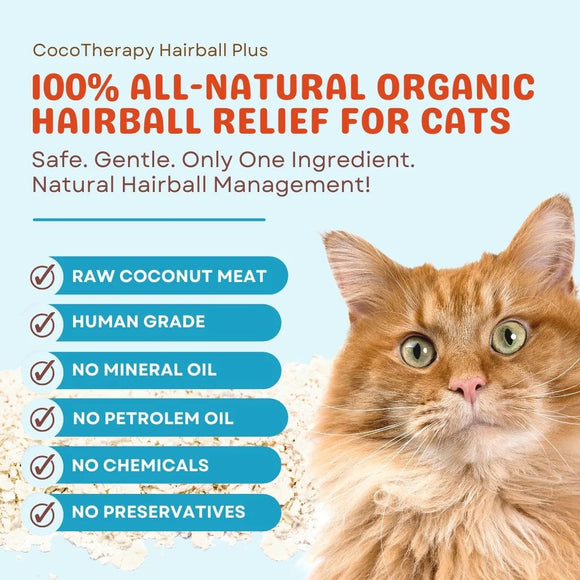 Advertisement for CocoTherapy Hairball Plus with a cat and product features listed.