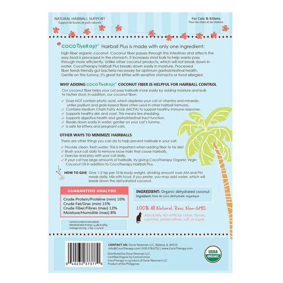 Back of a product packaging for Cococare Coconut Fiber Plus for cats and kittens, with text and branding elements.