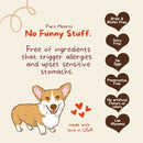 Dog illustration with 'Pure Hearts No Funny Stuff' text on a beige background