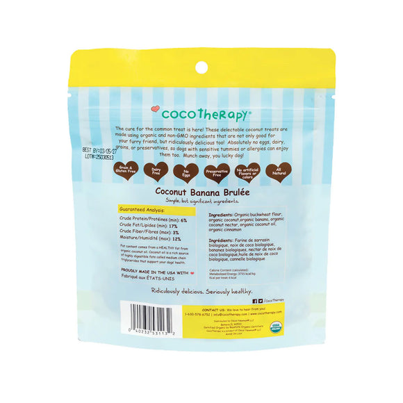 CocoTherapy Coconut Banana Brélé dog treat package with text and heart icons on a white background
