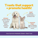 Dog and cat sitting together with text about treats promoting health on a light blue background
