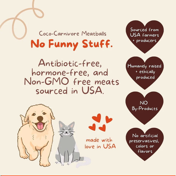 Advertisement for Coco-Carnivore Meatballs with text about product attributes on a beige background.