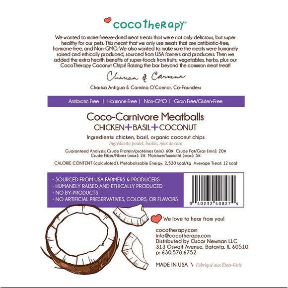 CocoTherapy Coco-Carnivore Meatballs label with product details and branding.