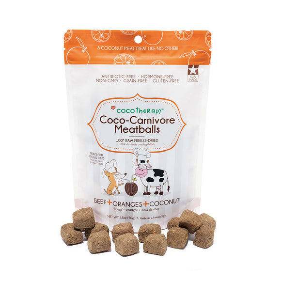 Coco-Carnivore Meatballs packaging with treats on a white background