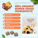 Coco-Carnivore Meatballs Beef product with ingredients list and images of a dog and cat.