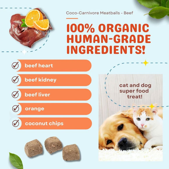 Coco-Carnivore Meatballs Beef product with ingredients list and images of a dog and cat.