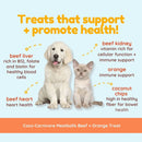 Dog and cat sitting together with text about health benefits of treats on a light blue background.