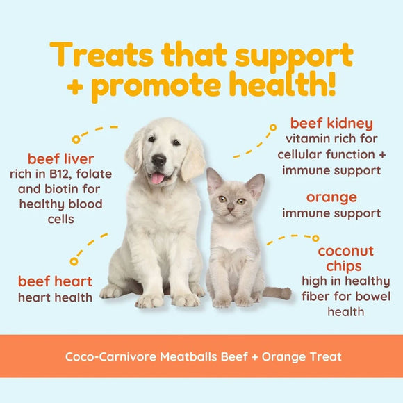 Dog and cat sitting together with text about health benefits of treats on a light blue background.