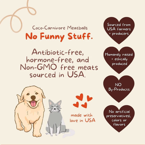 Advertisement for Coco-Carnivore Meatballs with text about product attributes on a beige background.