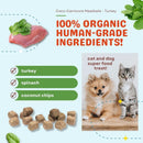 Coco-Carnivore Meatballs Turkey product with ingredients and images of a dog and cat.