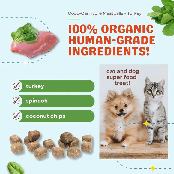 Coco-Carnivore Meatballs Turkey product with ingredients and images of a dog and cat.