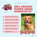Dog food product with organic ingredients listed and a dog photo on a light blue background